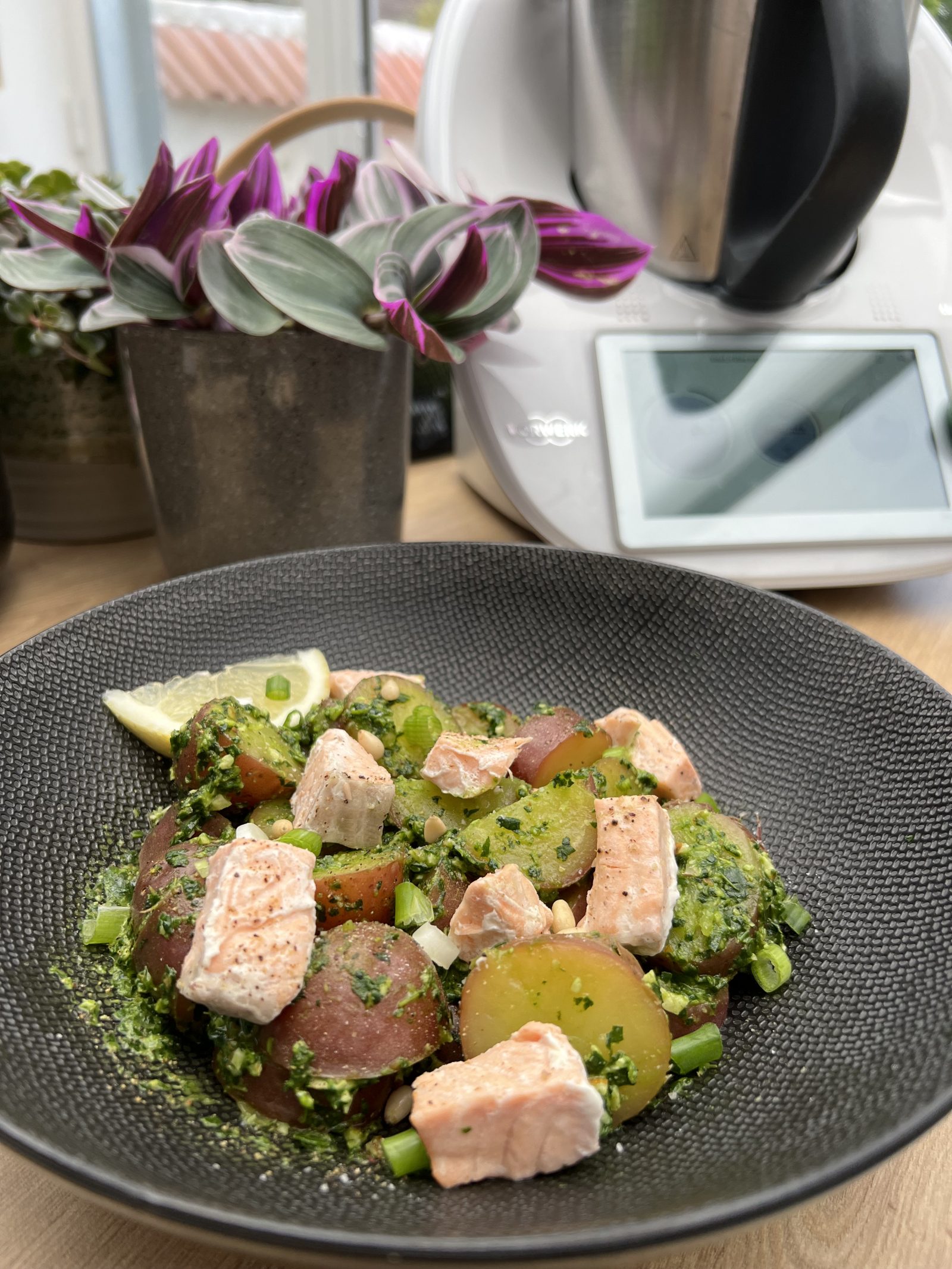 Recette tirée du livre de Thermomix IG bas: Salade de pommes de terre pisto d’épinards et saumon vapeur